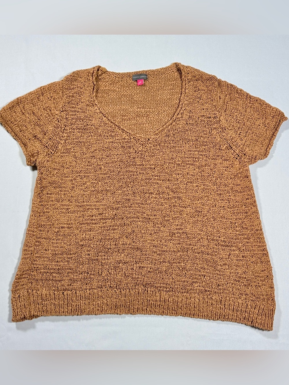 Vince Camuto Fall Marled Knit Sweater V-Neck Short Sleeve Open Stitch Camel - L